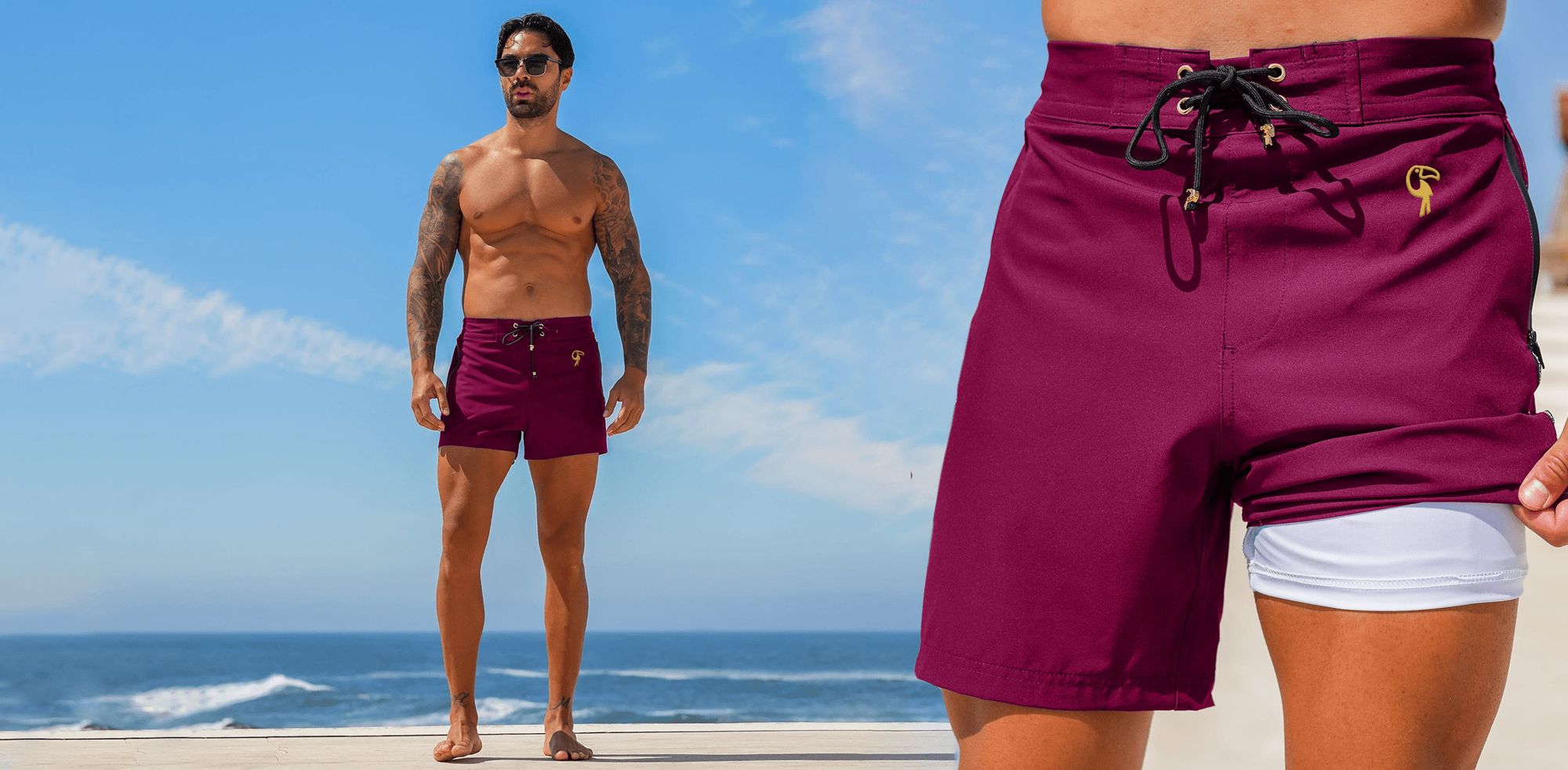 Tucann swim trunks on the beach, with the compression liner shown