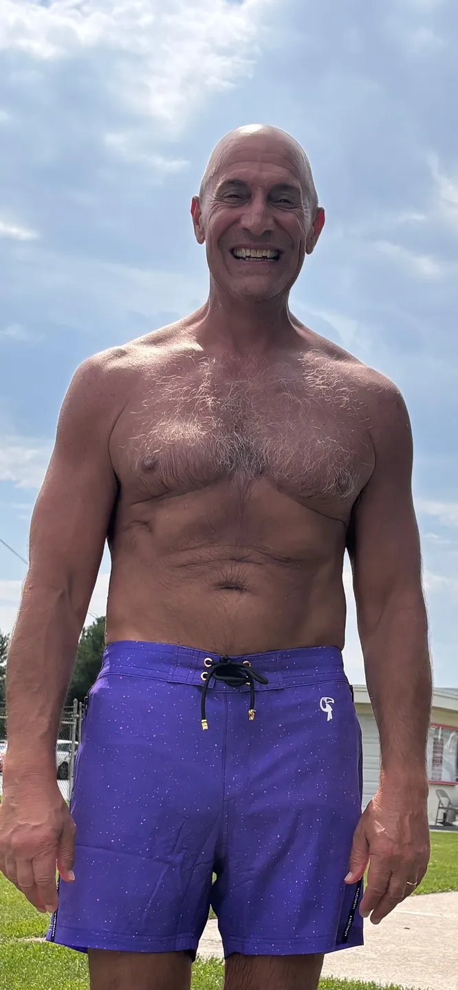 Customer photo from Christopher M. wearing Speckle - Purple 5 inch swim trunks