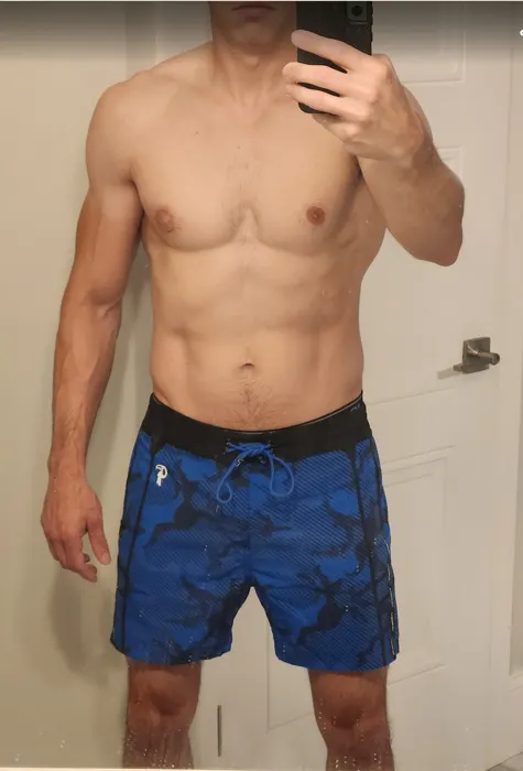 Customer photo from Ash P. review of Striped Camo Blue - 5 Inch Swim Shorts