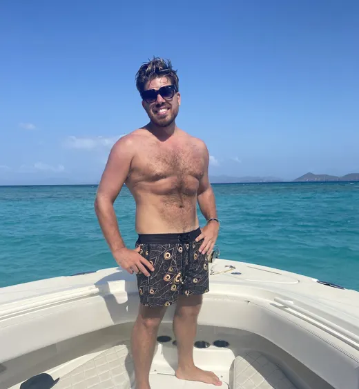Customer photo from Nicholas T. review of Golden Peacock Swim Trunks - 3"