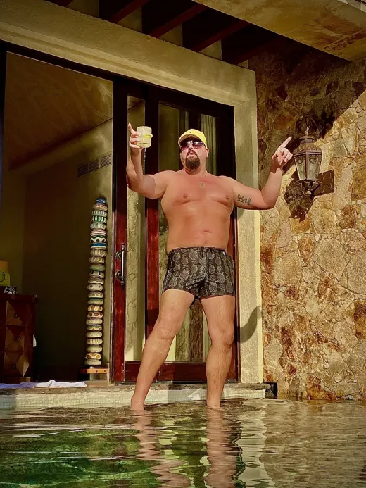 Customer photo from Apple review of Golden Pineapple Black Swim Shorts - 3"