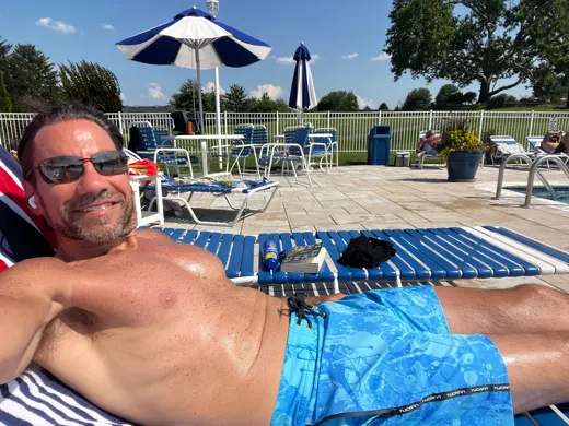 Customer photo from Brian P. review of Splatter Swim Shorts Blue - 5"