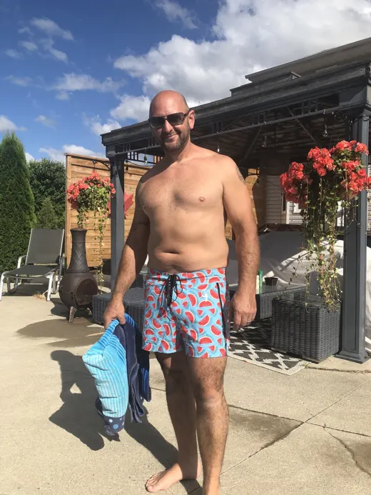 Customer photo from Katie T. review of Watermelon 2 Blue Swim Shorts - 3"