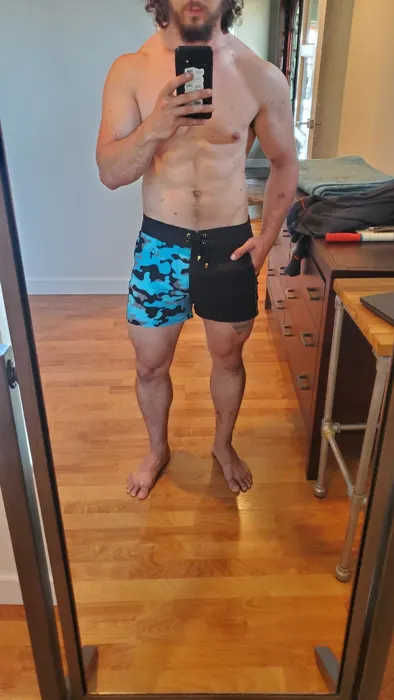 Customer photo from Christian N. wearing Split Camo Blue Swim Shorts - 3"