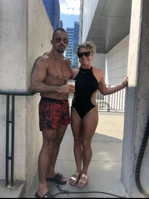 Customer photo from Mike O. wearing Striped Camo Red Swim Shorts - 3"