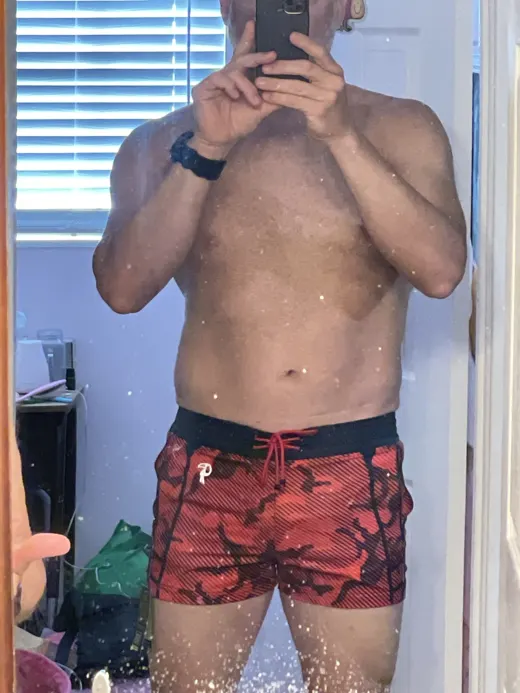 Customer photo from Charles D. review of Striped Camo Red Swim Shorts - 3"