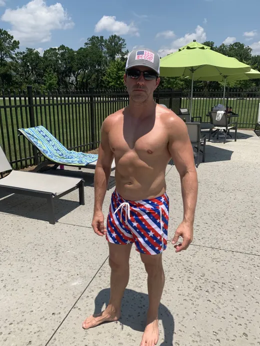Customer photo from Eric W. review of USA Series Swim Trunk - Stars and Stripes - 3"