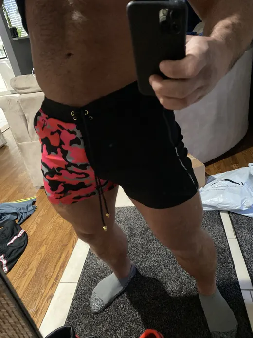 Customer photo from Adrian K. review of Drip Series Swim Shorts - Watermelon Drip - 3"