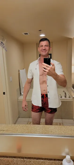 Customer photo from Michael T. review of Striped Camo Red Swim Shorts - 3"