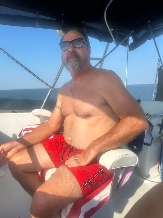 Customer photo from Margie C. review of Splatter Swim Shorts Red - 5"