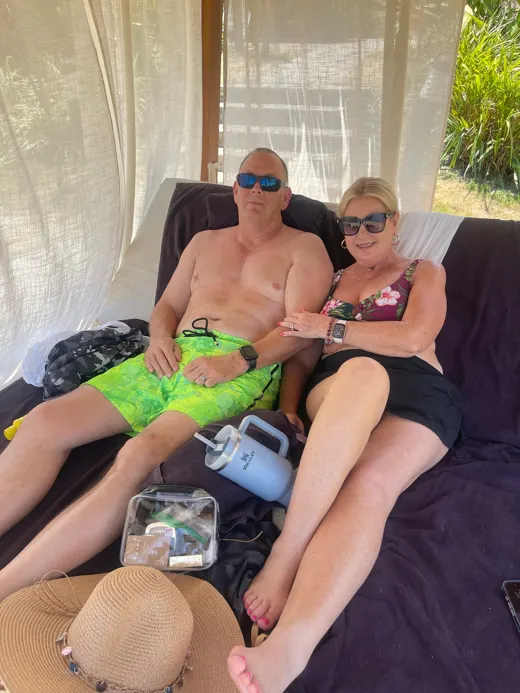 Customer photo from Cynthia B. review of Splatter Swim Shorts Green - 7"