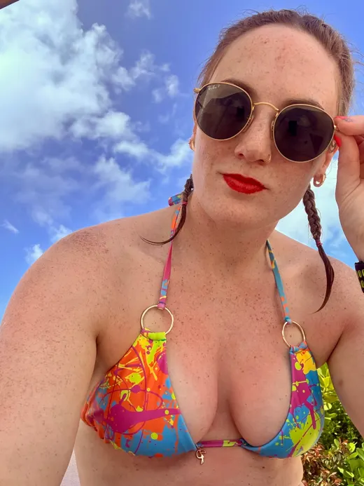 Customer photo from Kelly C. review of Wild Splatter Bikini Top - Aqua