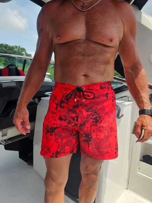 Customer photo from Jennifer C. review of Splatter Swim Shorts Red - 5"